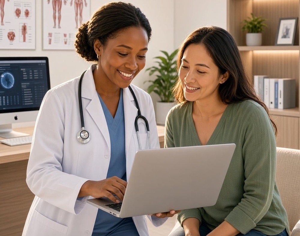 A doctor going over imaging results on a laptop with a patient